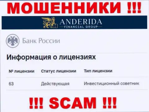 AnderidaGroup Com пишут, что имеют лицензию на осуществление деятельности от Центрального Банка Российской Федерации (данные с сайта лохотронщиков)