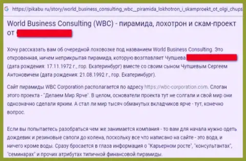 Разоблачающая, на полях сети интернет, информация о мошеннических действиях WBC Corporation