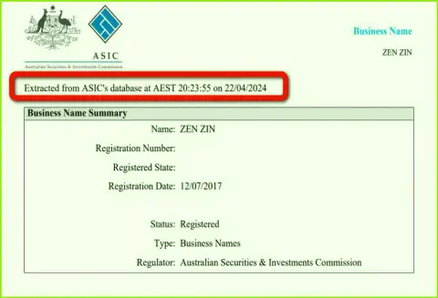 Документ, который доказывает наличие регистрации у брокерской организации Zinnera Com