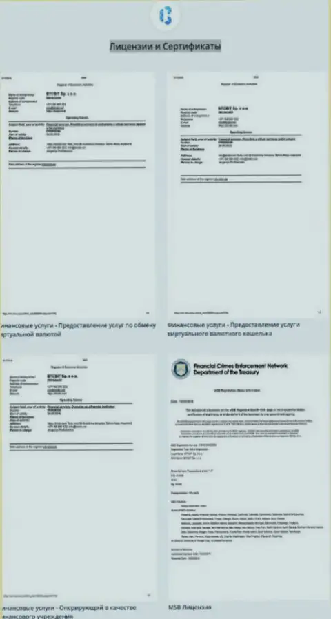 Лицензионные документы, а также сертификаты обменки БТК Бит