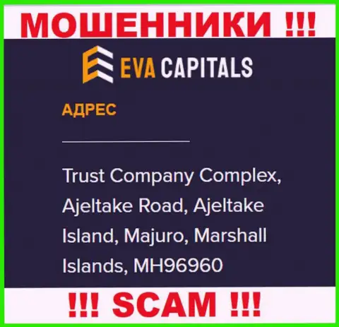 На интернет-портале Eva Capitals представлен оффшорный официальный адрес организации - Trust Company Complex, Ajeltake Road, Ajeltake Island, Majuro, Marshall Islands, MH96960, осторожнее - это аферисты