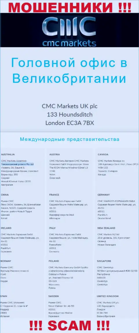 На веб-сайте организации CMC Markets приведен ложный адрес регистрации - это МОШЕННИКИ !!!