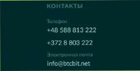 Телефон и Е-mail обменного online пункта BTCBit Net
